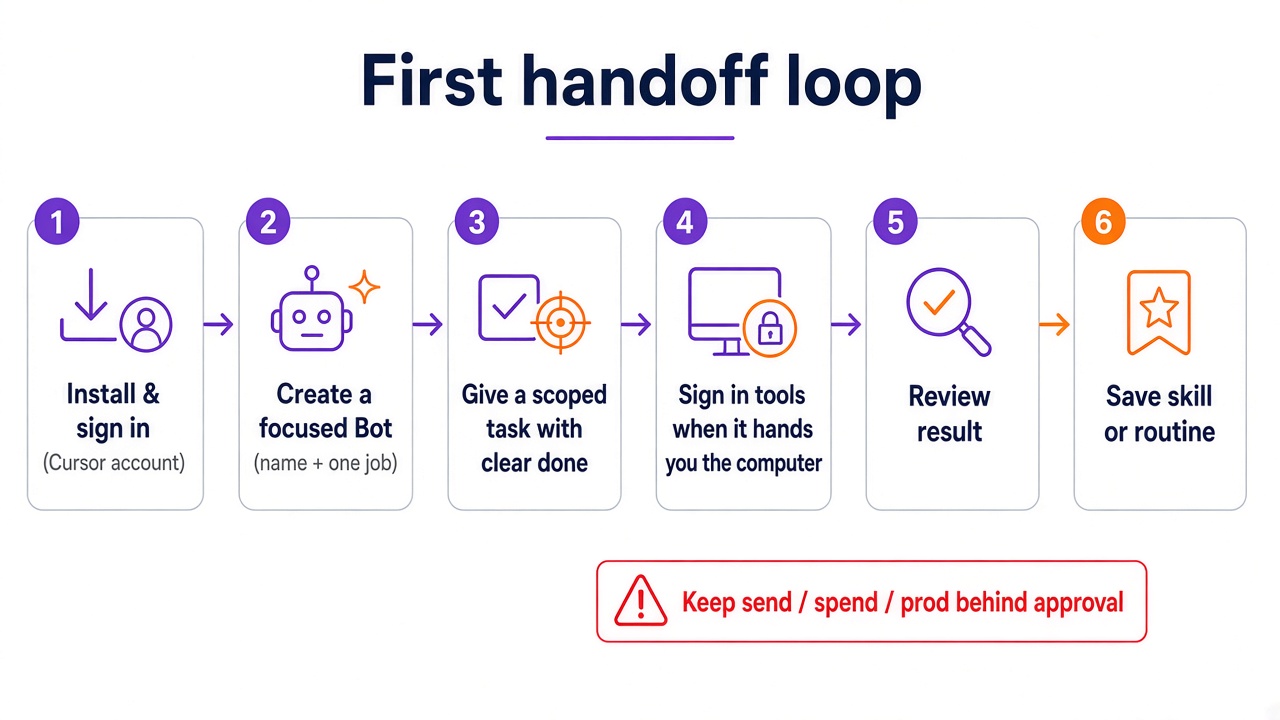 First handoff loop: install, create Bot, scoped task, tool sign-in, review, save skill or routine