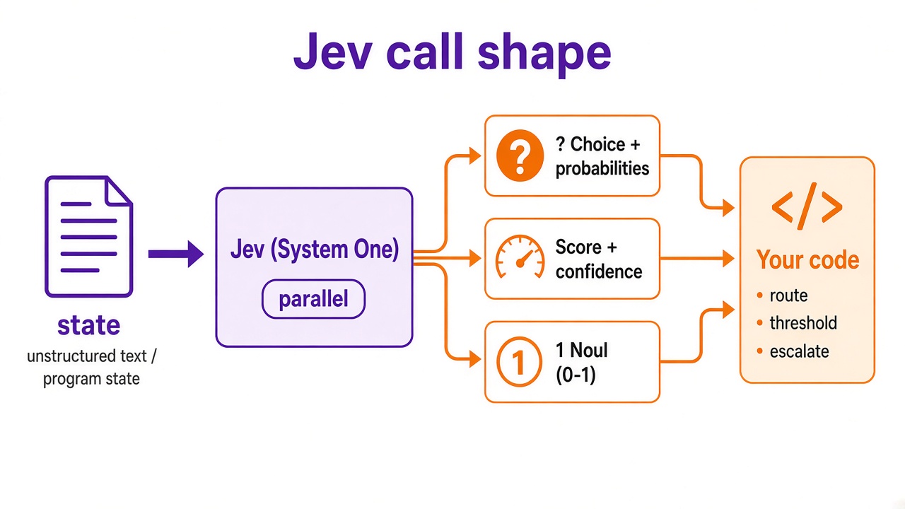 Jev call shape: state into Jev (System One), then Choice with probabilities, Score with confidence, and Noul (0–1) into your code for route, threshold, and escalate
