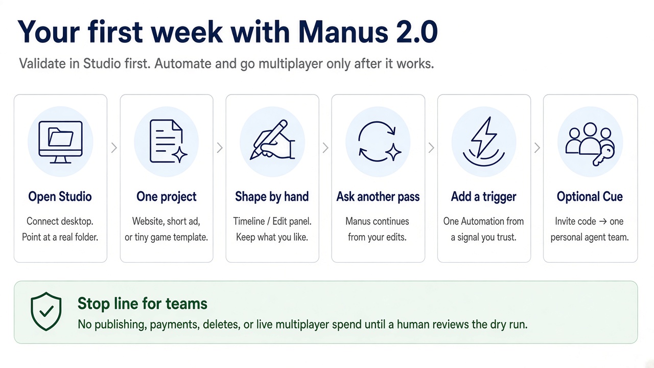 First week with Manus 2.0: Studio folder, one project, hand edit, second AI pass, one draft automation, optional Cue